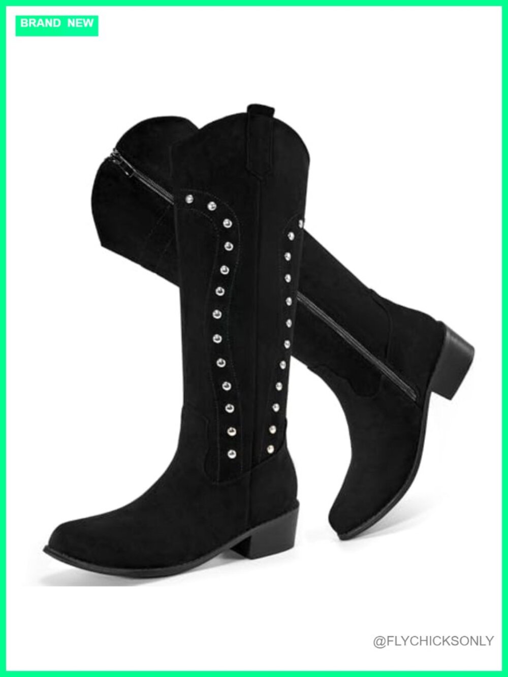 Suede Knee High Western Cowboy Boots Wide Calf Pointed Toe Chunky Heel Zip